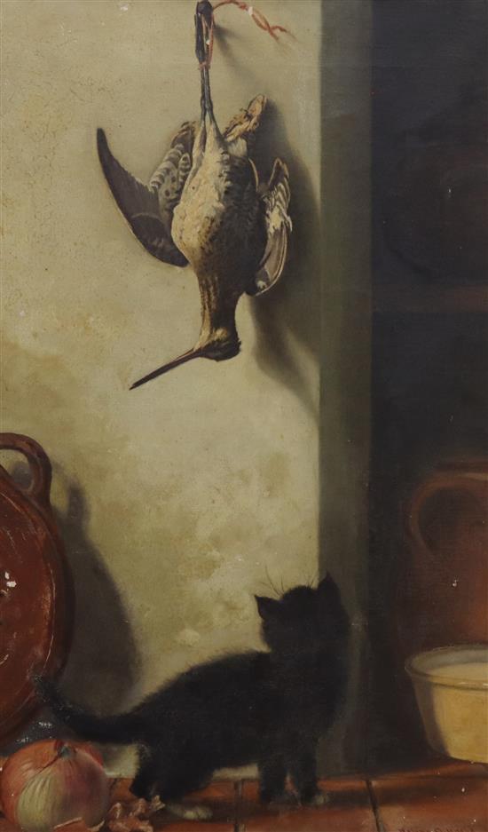 Helena A Wright, oil on canvas, Kitten and a dead snipe, signed, 66 x 40cm